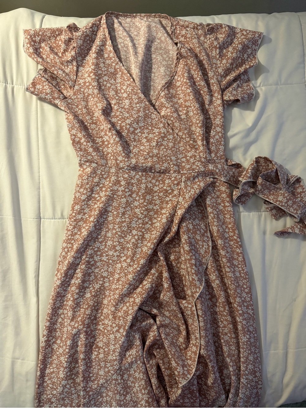 SHEIN Dusty Rose Floral Wrap Midi Dress with White Print